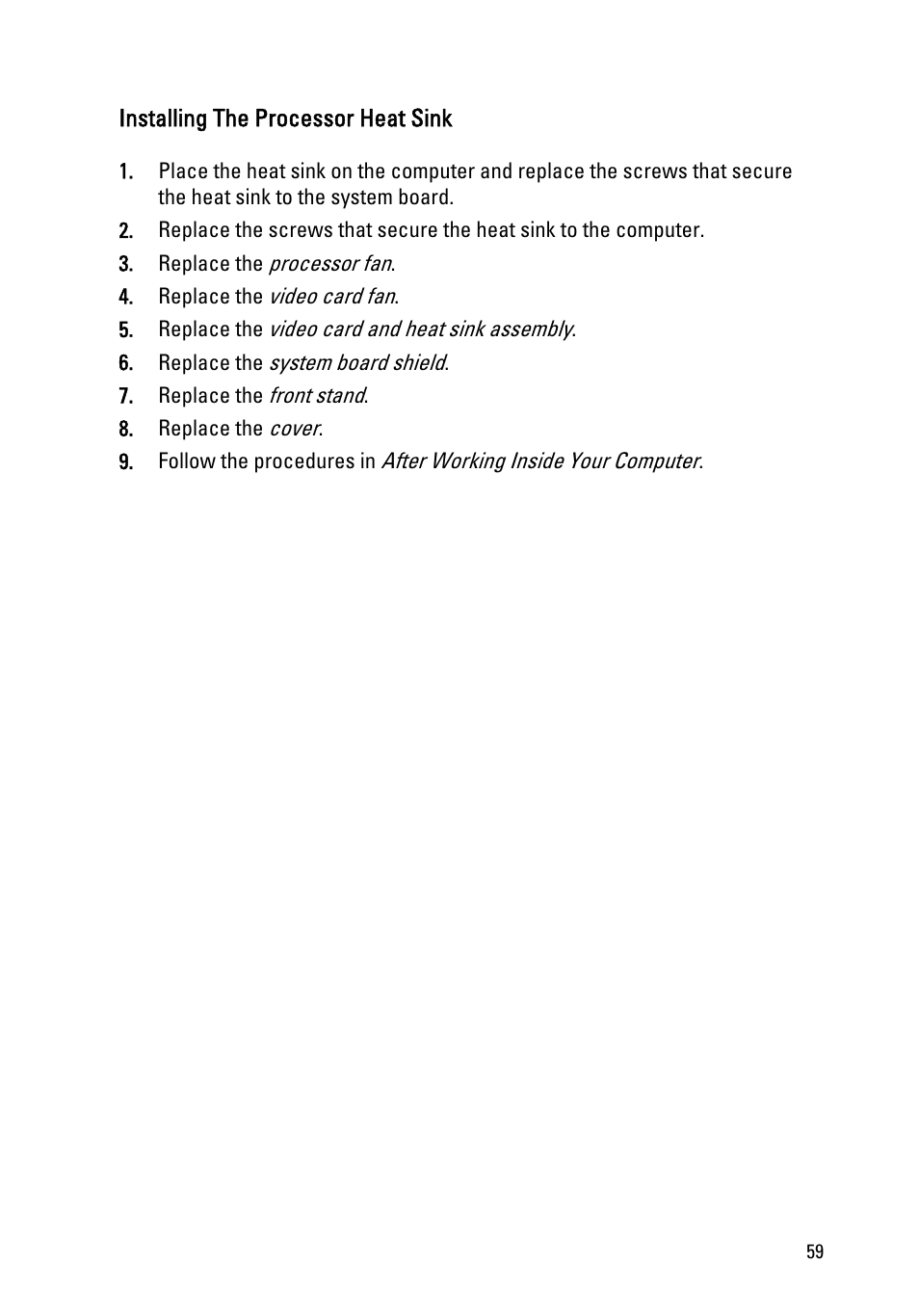 Installing the processor heat sink | Dell Vostro 330 (Early 2011) User Manual | Page 59 / 116