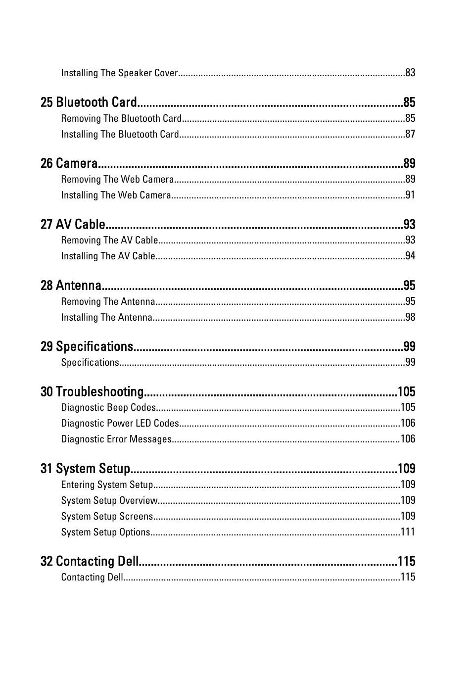 25 bluetooth card, 26 camera, 27 av cable | 28 antenna, 29 specifications, 30 troubleshooting, 31 system setup, 32 contacting dell | Dell Vostro 330 (Early 2011) User Manual | Page 6 / 116