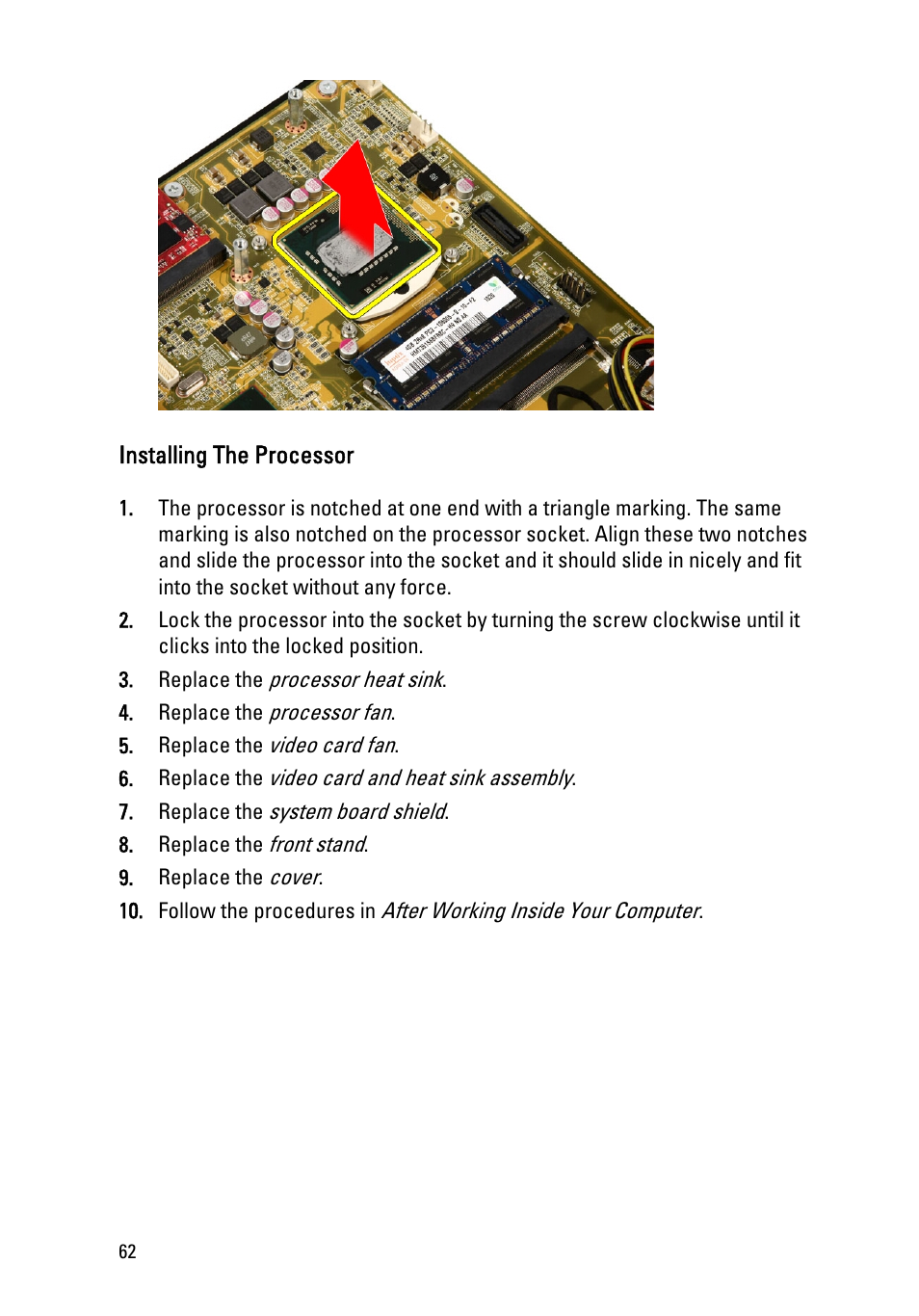 Installing the processor | Dell Vostro 330 (Early 2011) User Manual | Page 62 / 116
