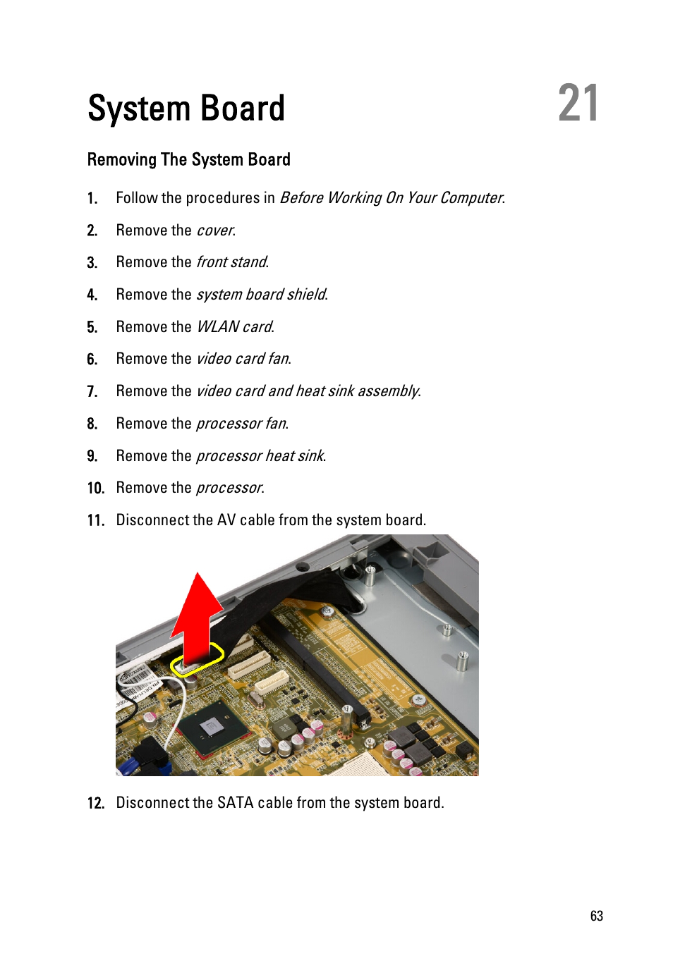 System board, Removing the system board, 21 system board | Dell Vostro 330 (Early 2011) User Manual | Page 63 / 116