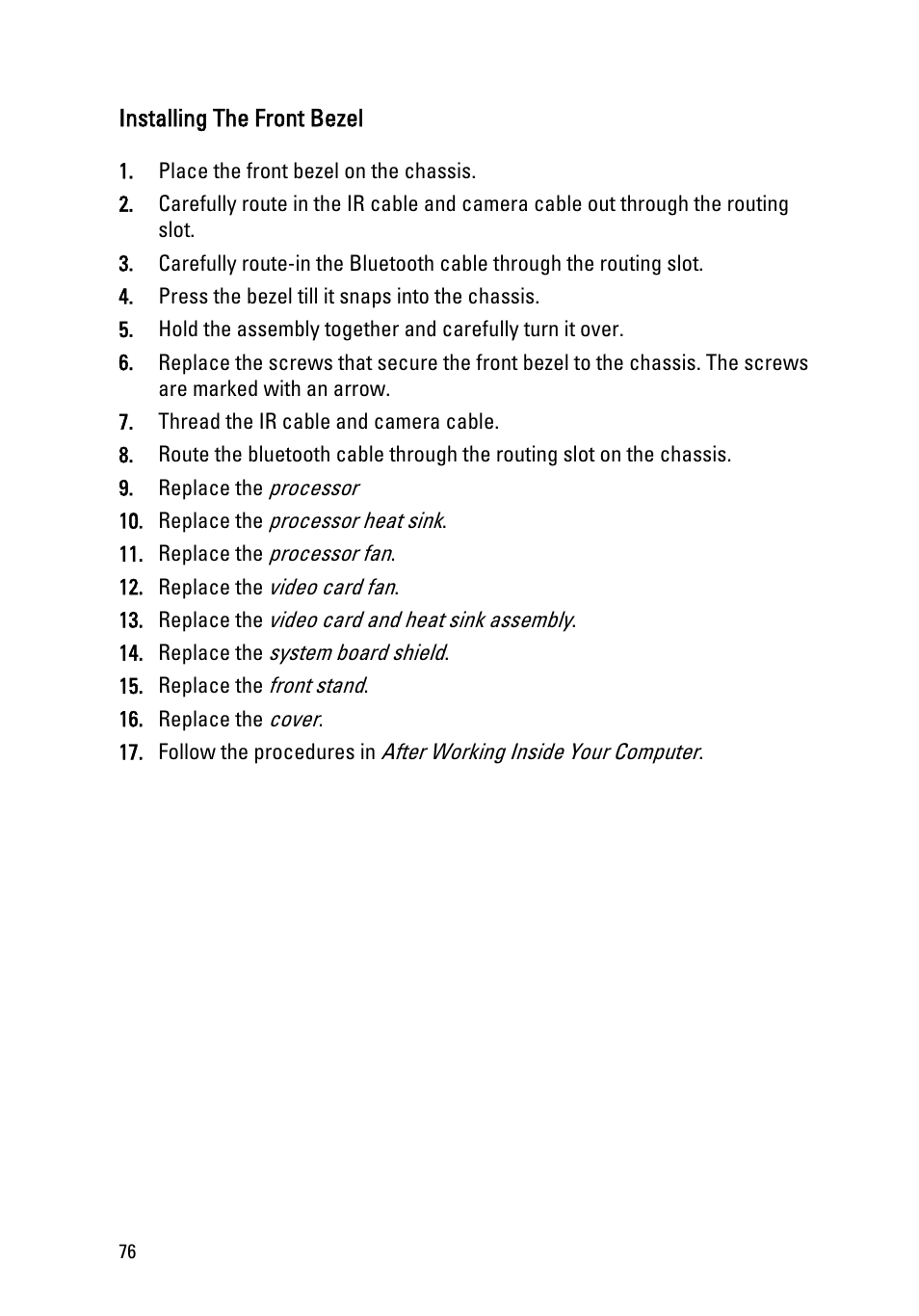 Installing the front bezel | Dell Vostro 330 (Early 2011) User Manual | Page 76 / 116