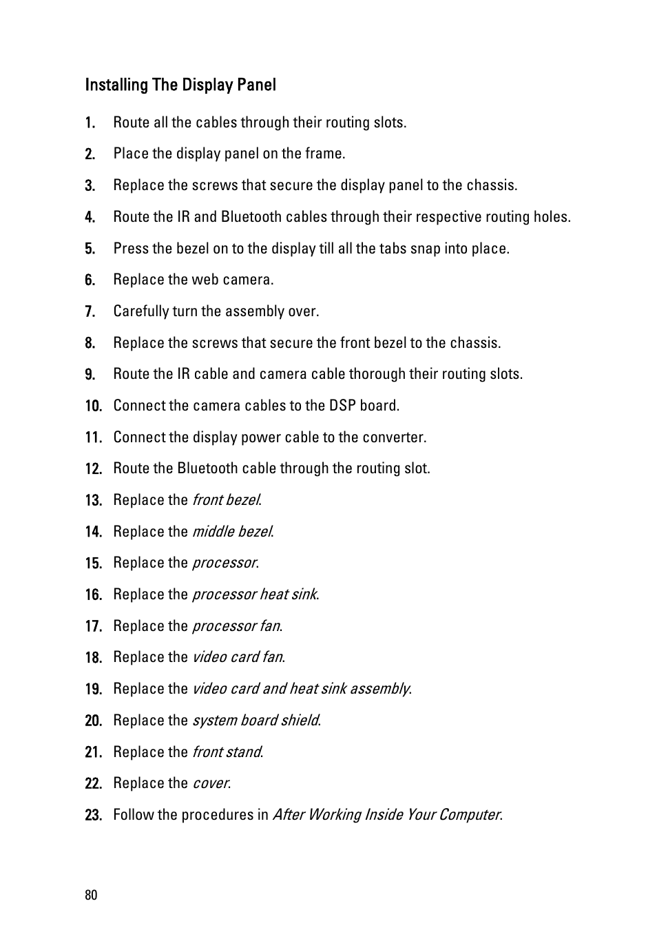 Installing the display panel | Dell Vostro 330 (Early 2011) User Manual | Page 80 / 116