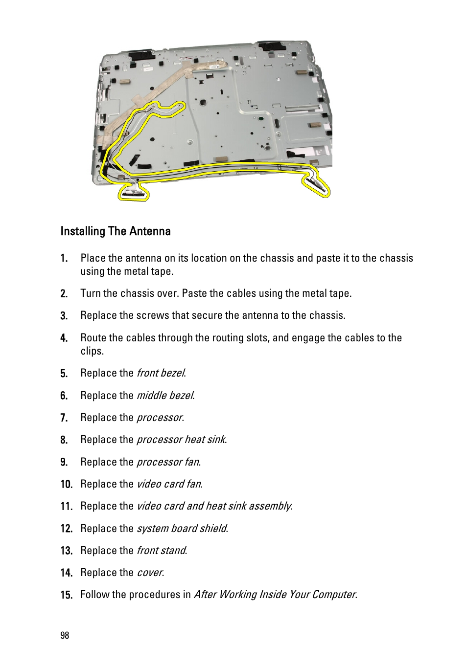 Installing the antenna | Dell Vostro 330 (Early 2011) User Manual | Page 98 / 116