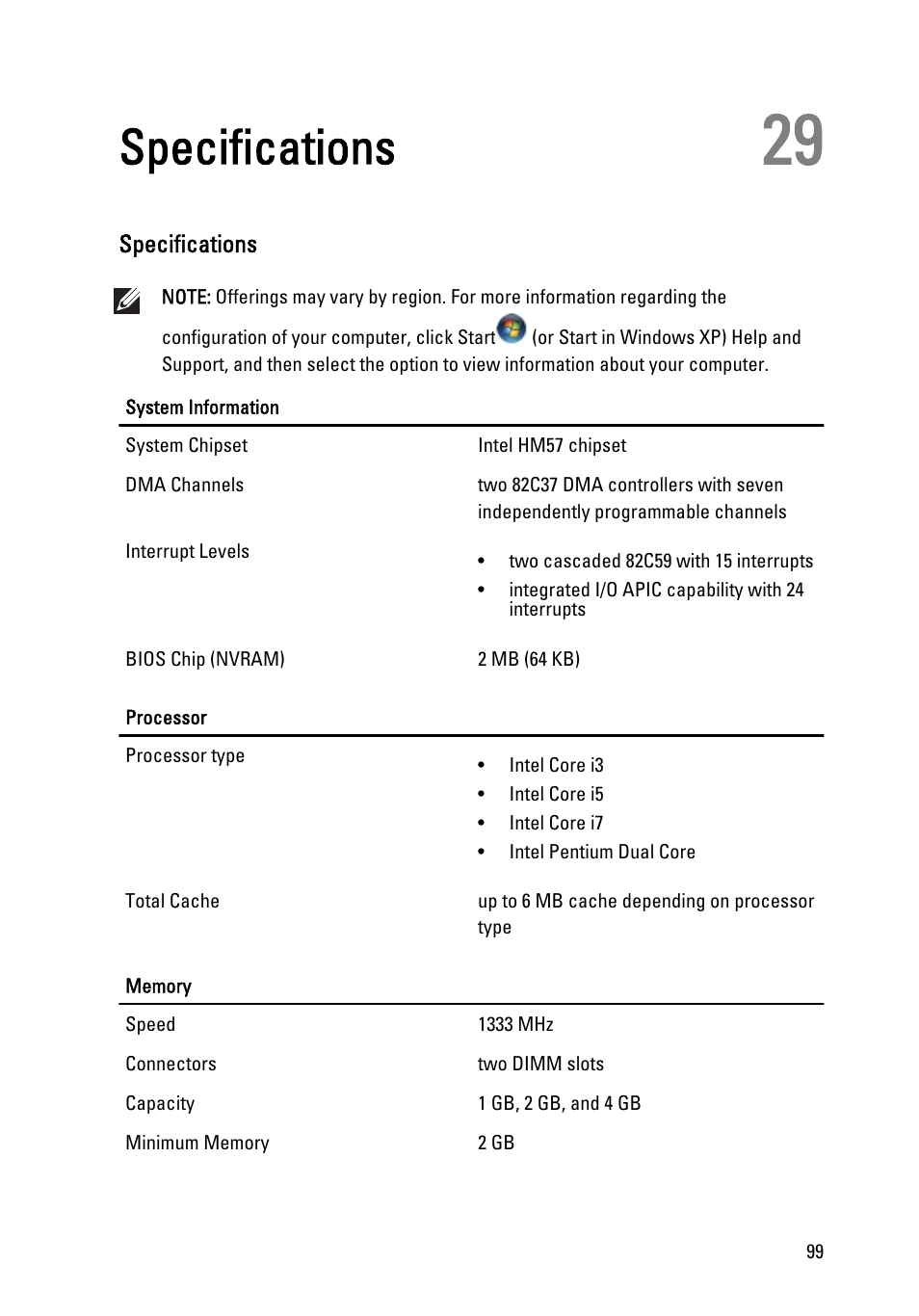 Specifications, 29 specifications | Dell Vostro 330 (Early 2011) User Manual | Page 99 / 116
