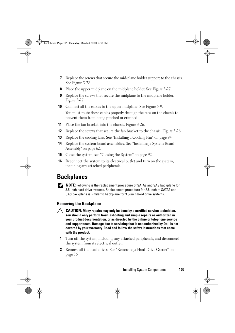 Backplanes, Removing the backplane | Dell PowerEdge C6100 User Manual | Page 105 / 160