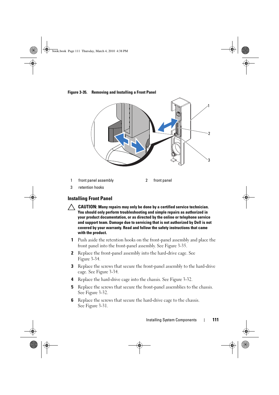 Installing front panel, Figure 3-35, See figure 3-35 | Dell PowerEdge C6100 User Manual | Page 111 / 160