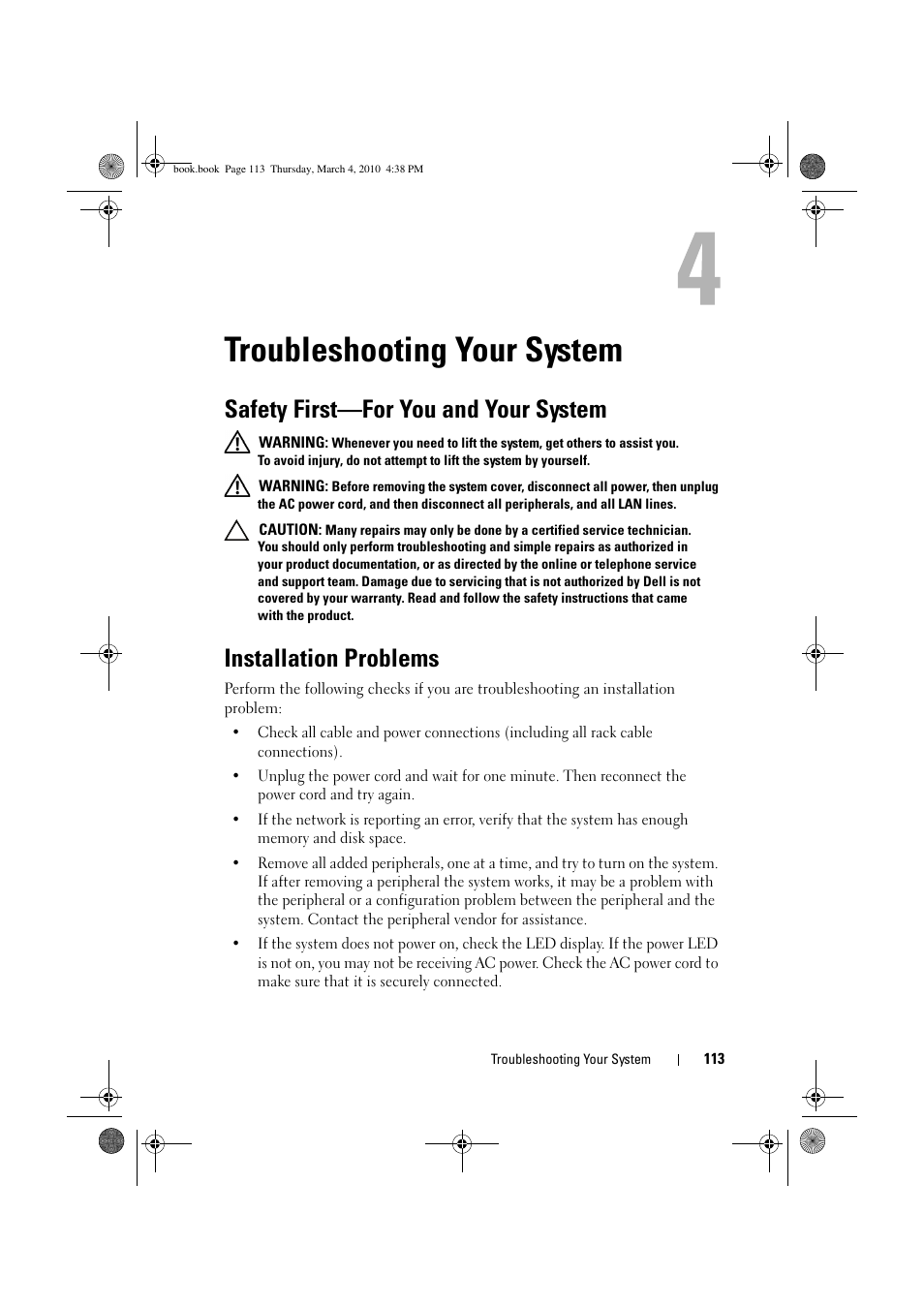 Troubleshooting your system, Safety first-for you and your system, Installation problems | Safety first—for you and your system | Dell PowerEdge C6100 User Manual | Page 113 / 160