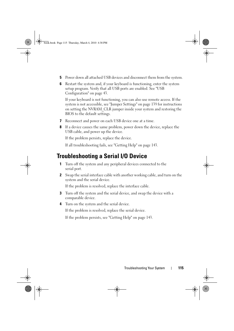 Troubleshooting a serial i/o device, Ther usb devices, go to step 5 | Dell PowerEdge C6100 User Manual | Page 115 / 160