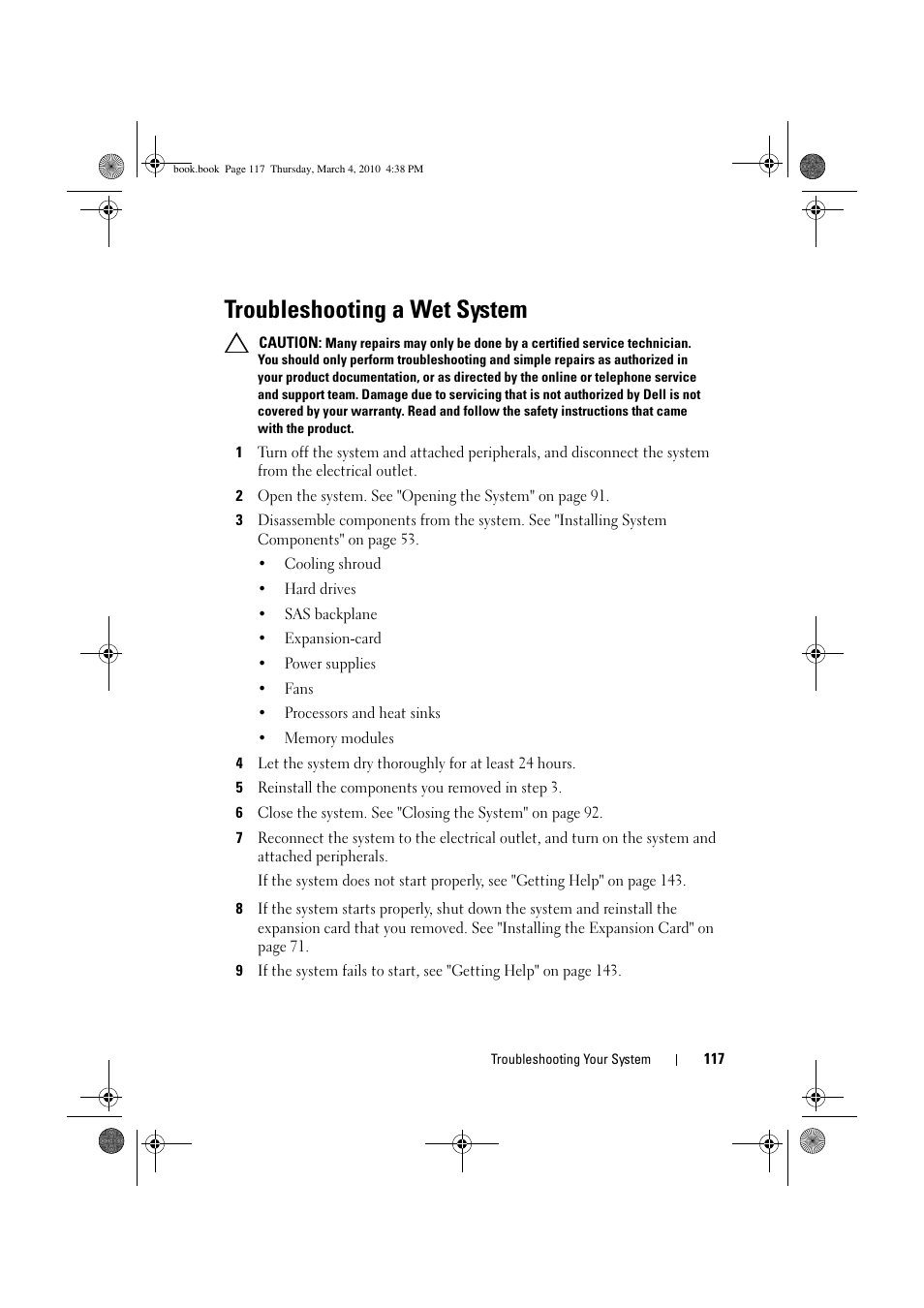 Troubleshooting a wet system | Dell PowerEdge C6100 User Manual | Page 117 / 160