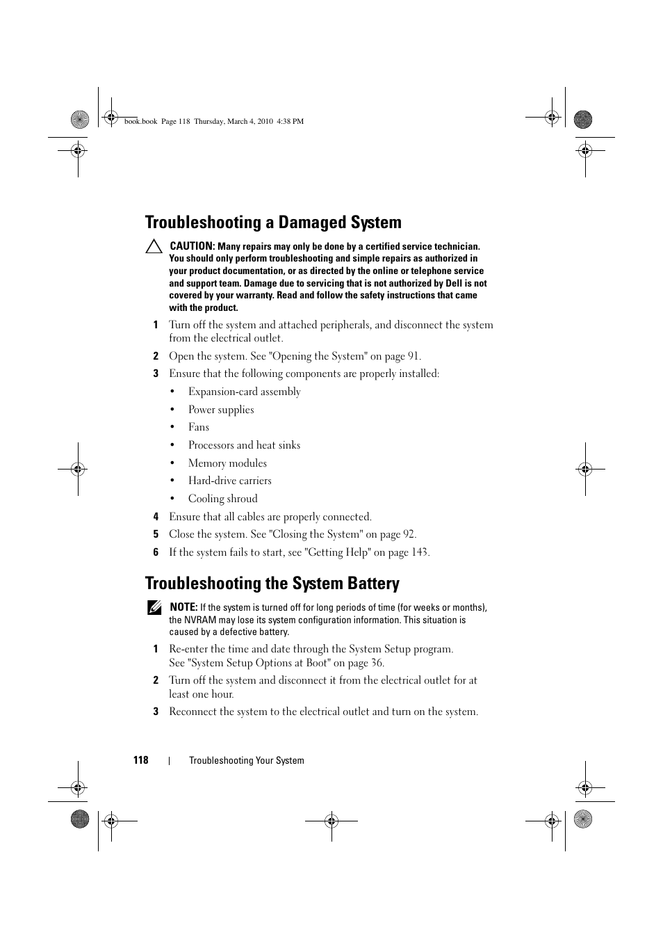 Troubleshooting a damaged system, Troubleshooting the system battery | Dell PowerEdge C6100 User Manual | Page 118 / 160