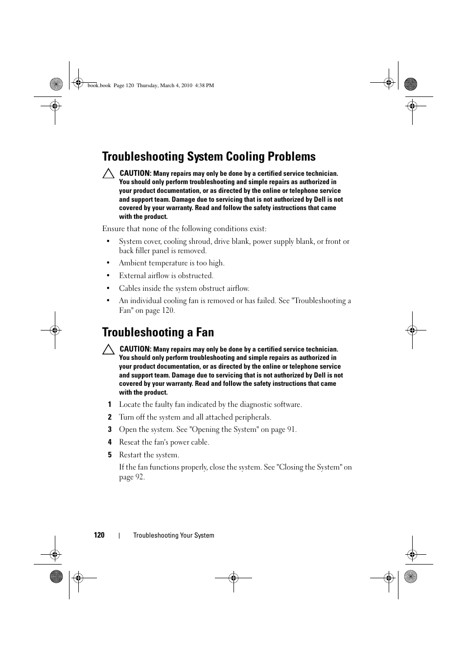 Troubleshooting system cooling problems, Troubleshooting a fan | Dell PowerEdge C6100 User Manual | Page 120 / 160