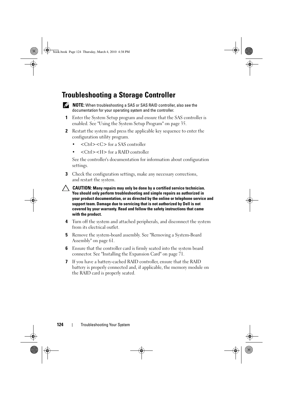 Troubleshooting a storage controller | Dell PowerEdge C6100 User Manual | Page 124 / 160