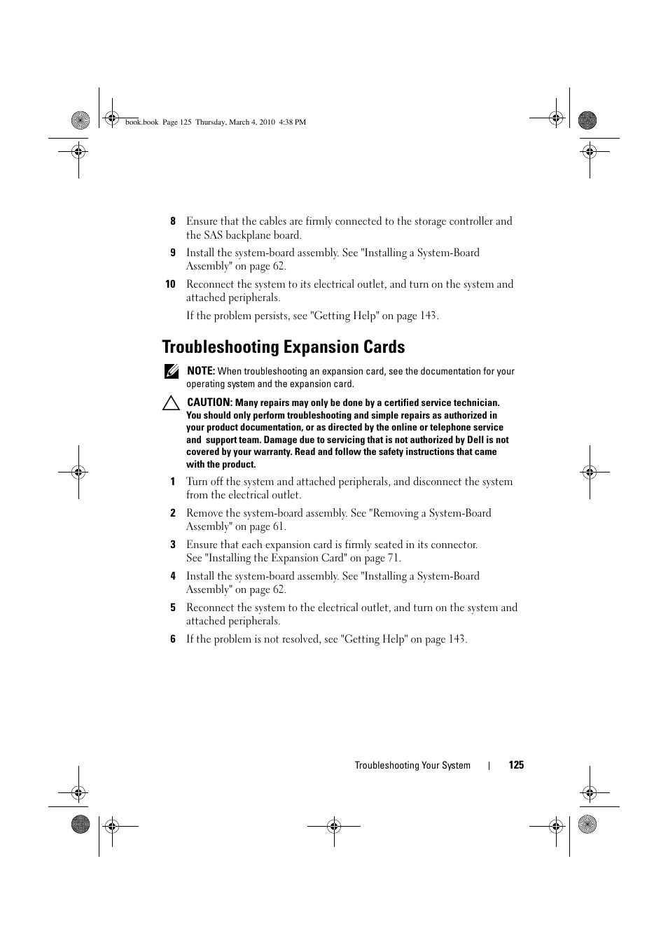 Troubleshooting expansion cards | Dell PowerEdge C6100 User Manual | Page 125 / 160