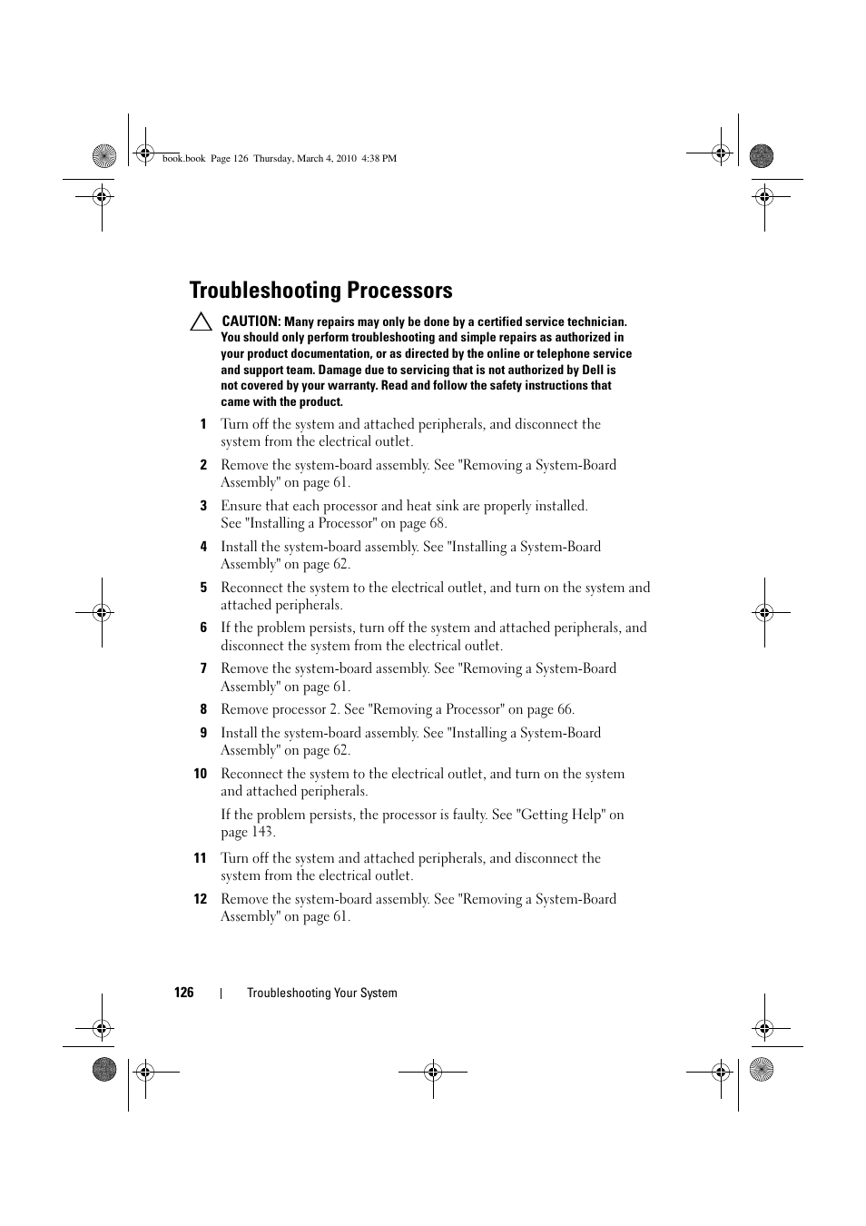 Troubleshooting processors | Dell PowerEdge C6100 User Manual | Page 126 / 160