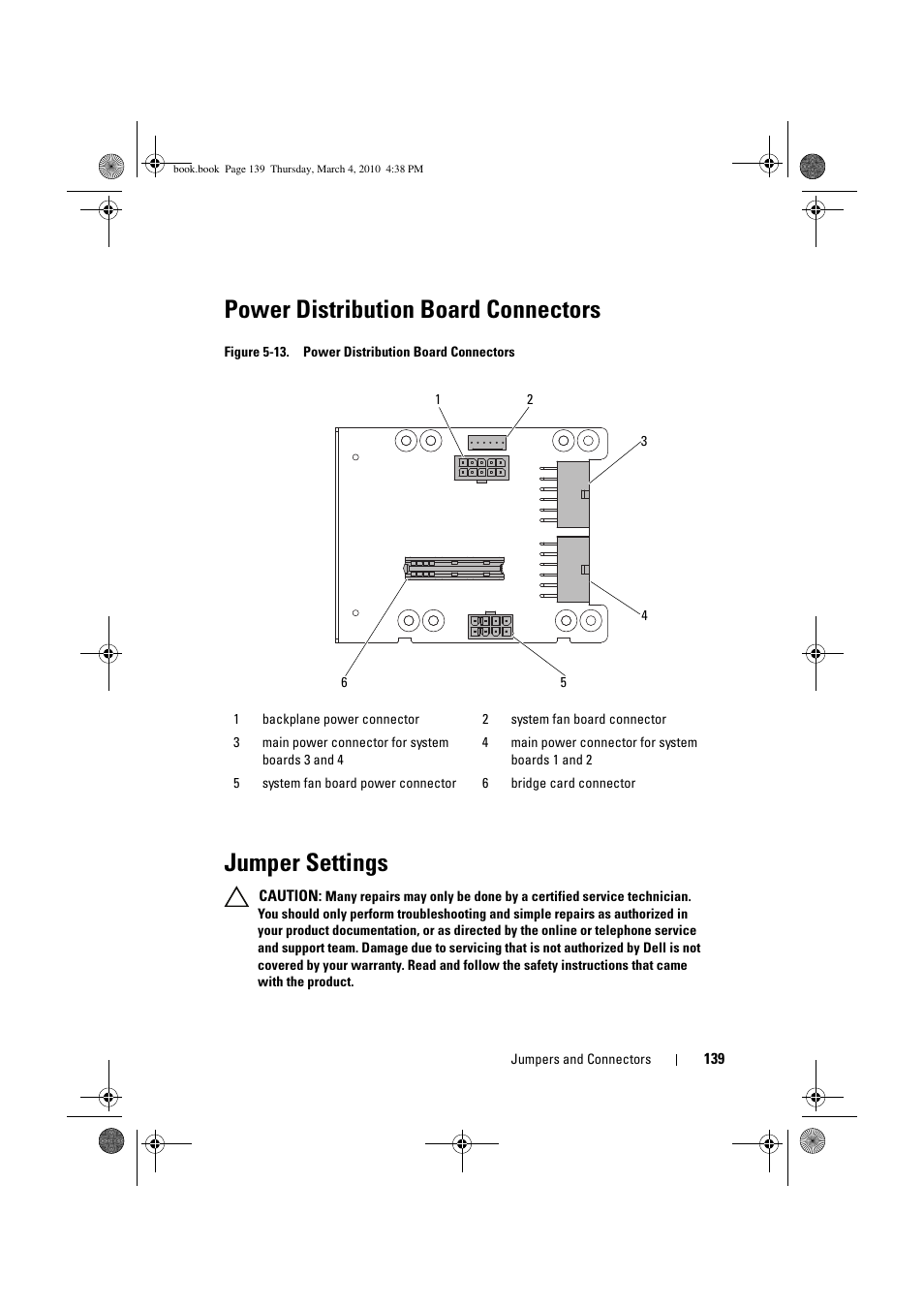 Power distribution board connectors, Jumper settings, Figure 5-13 | Dell PowerEdge C6100 User Manual | Page 139 / 160