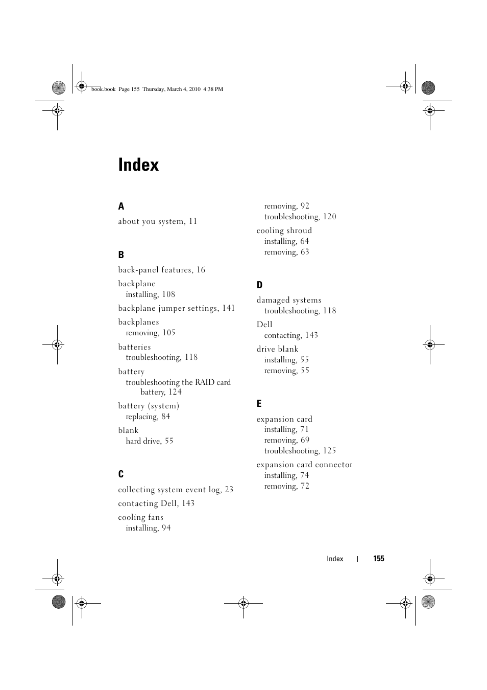 Index | Dell PowerEdge C6100 User Manual | Page 155 / 160