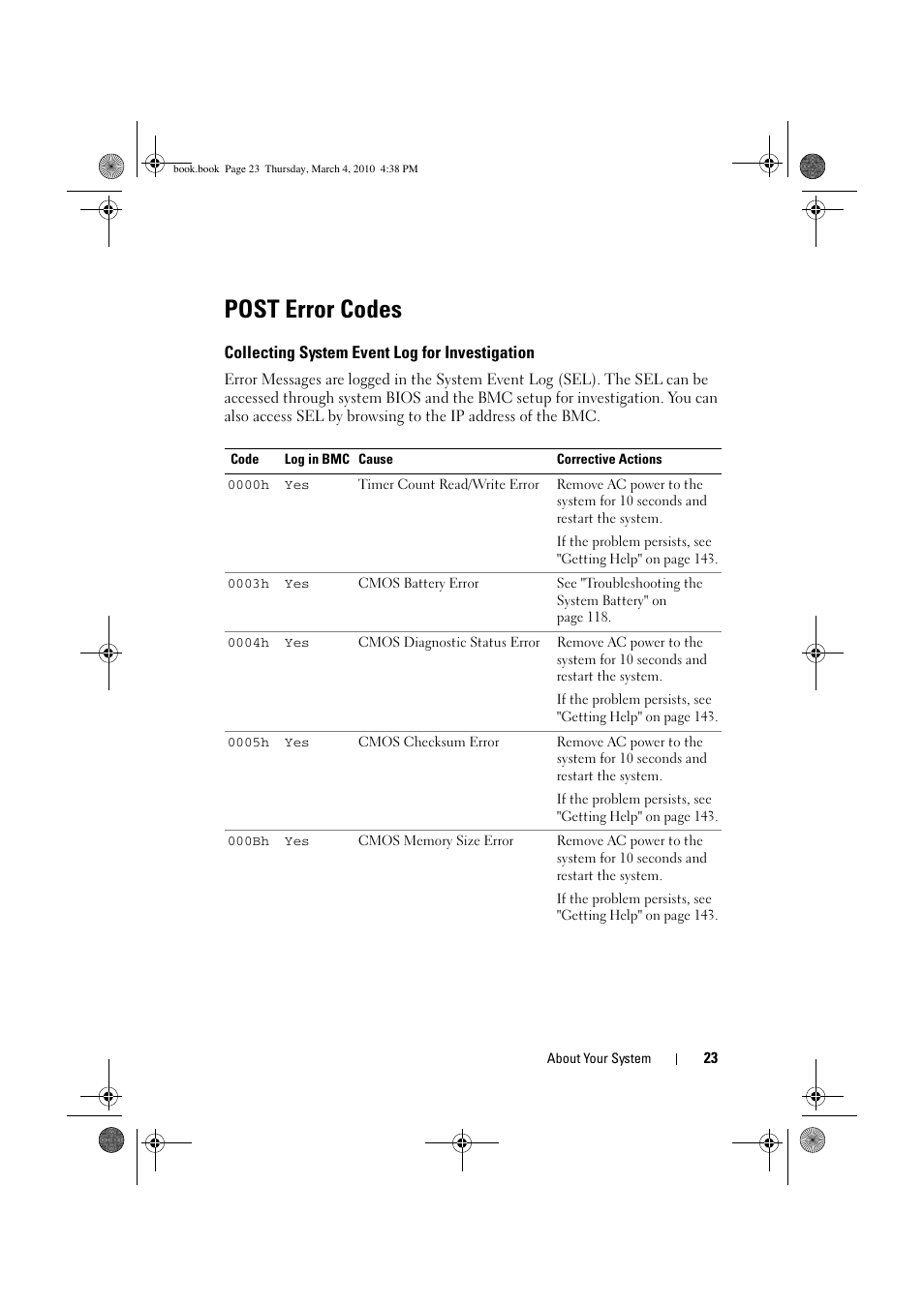 Post error codes, Collecting system event log for investigation | Dell PowerEdge C6100 User Manual | Page 23 / 160