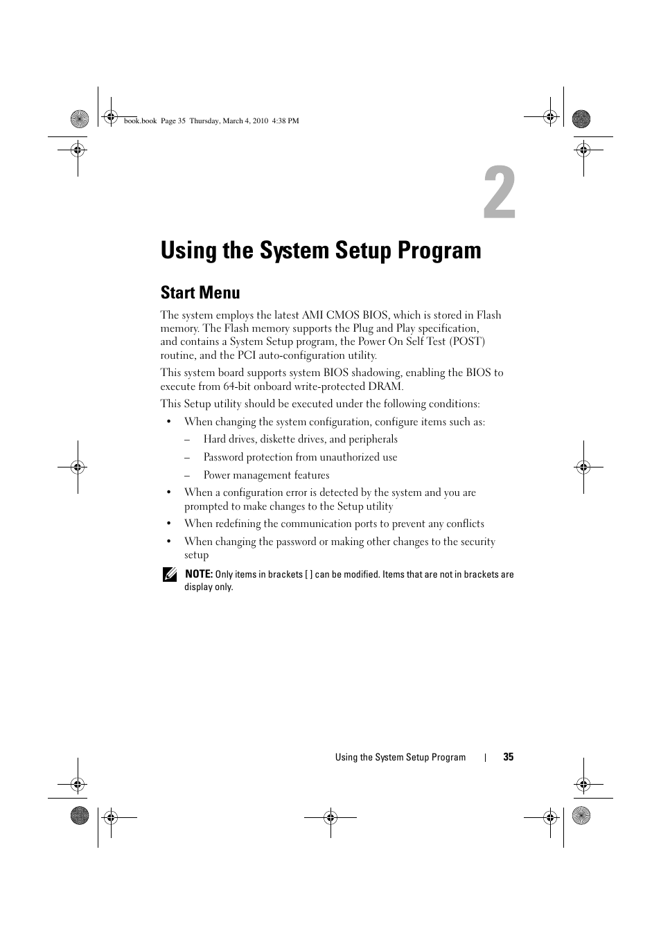 Using the system setup program, Start menu | Dell PowerEdge C6100 User Manual | Page 35 / 160