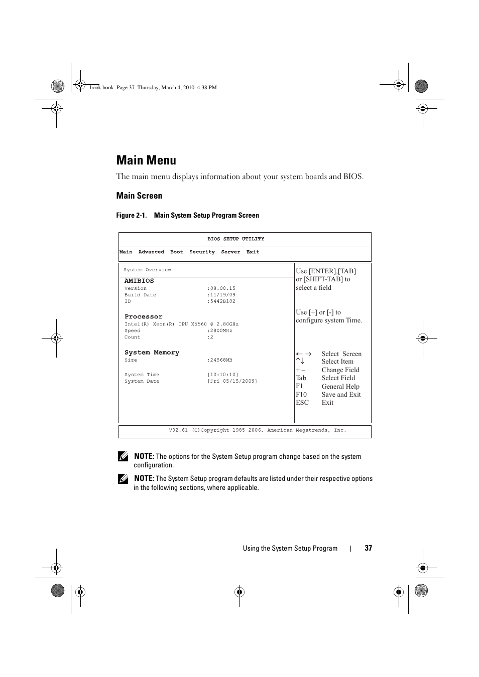 Main menu, Main screen | Dell PowerEdge C6100 User Manual | Page 37 / 160