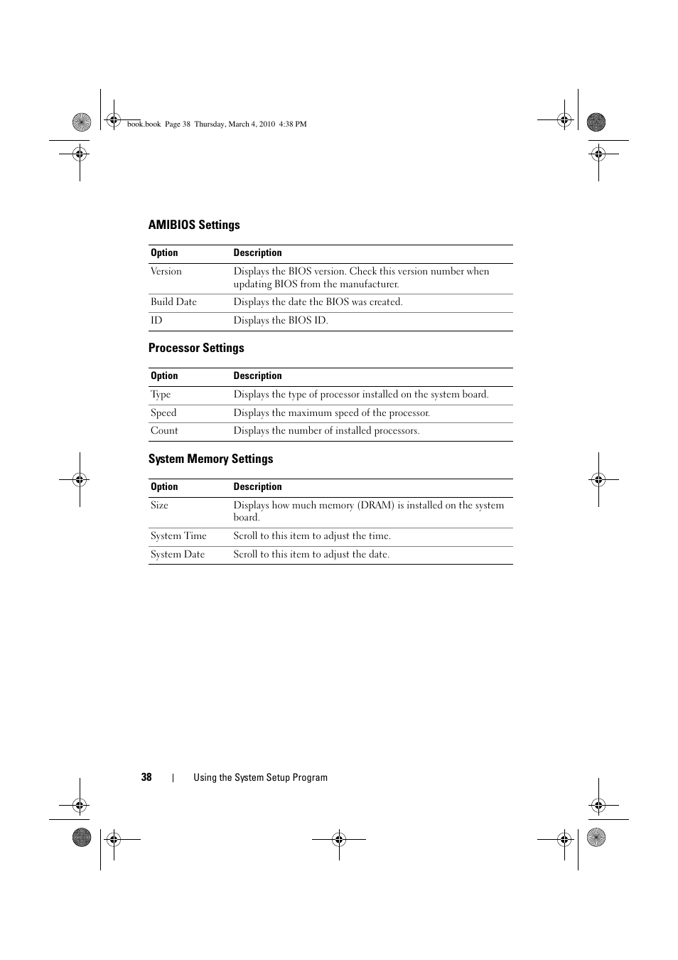 Amibios settings, Processor settings, System memory settings | Dell PowerEdge C6100 User Manual | Page 38 / 160