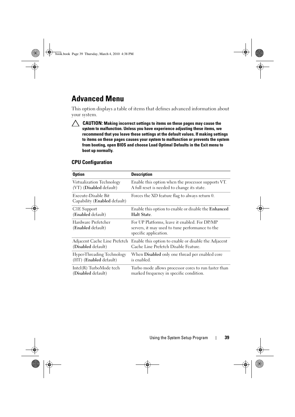 Advanced menu, Cpu configuration | Dell PowerEdge C6100 User Manual | Page 39 / 160