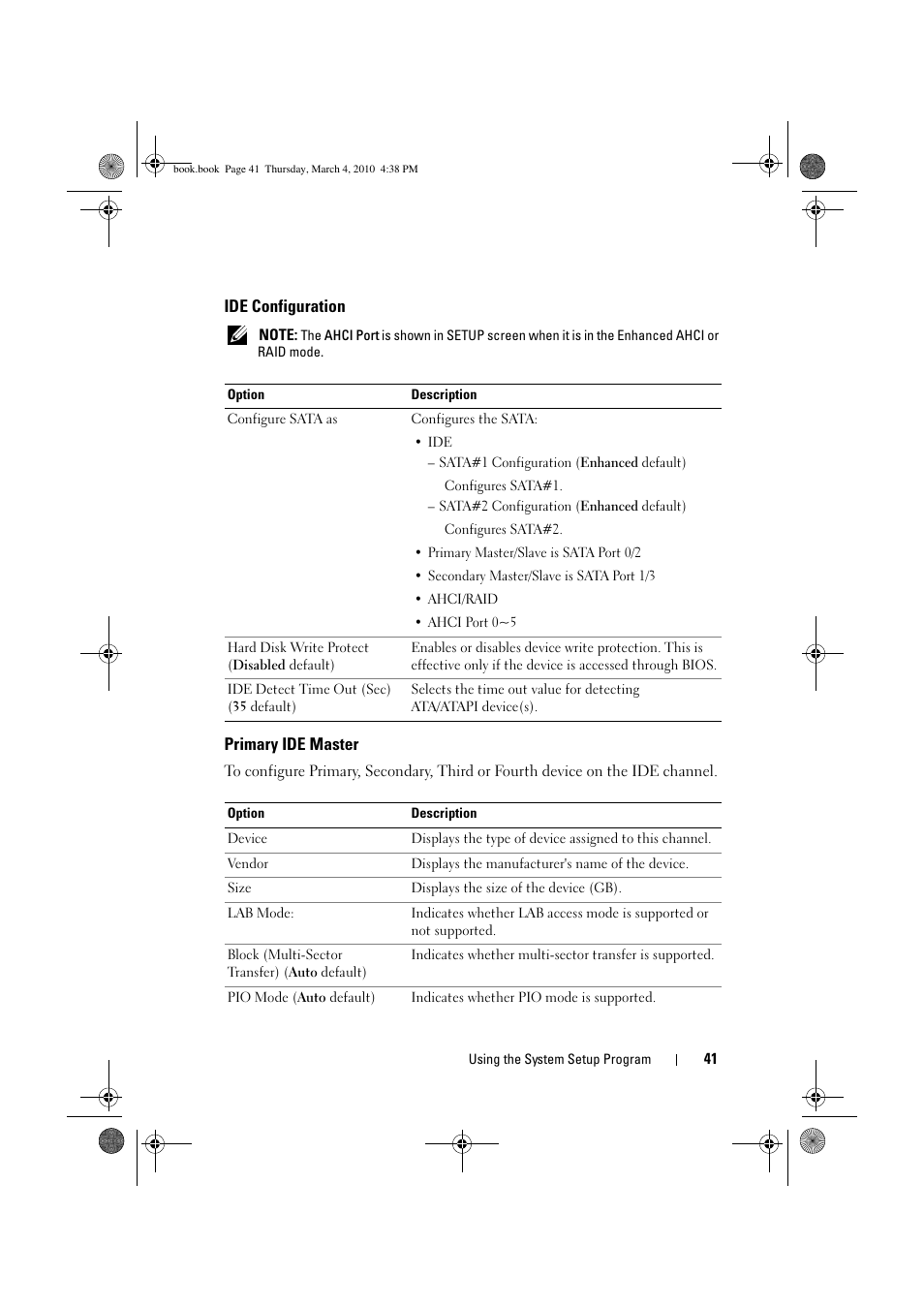 Ide configuration, Primary ide master | Dell PowerEdge C6100 User Manual | Page 41 / 160
