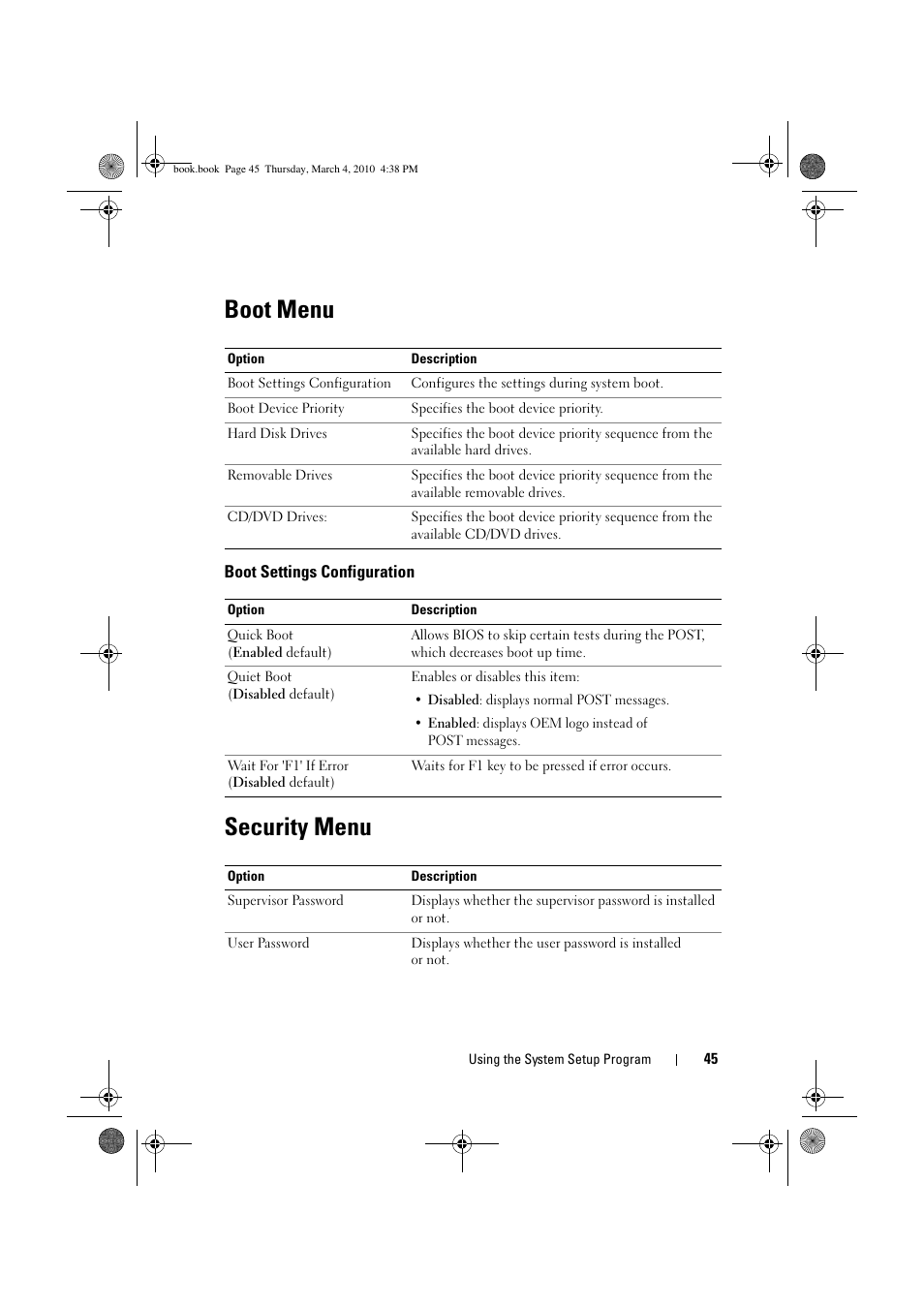 Boot menu, Security menu, Boot settings configuration | Dell PowerEdge C6100 User Manual | Page 45 / 160