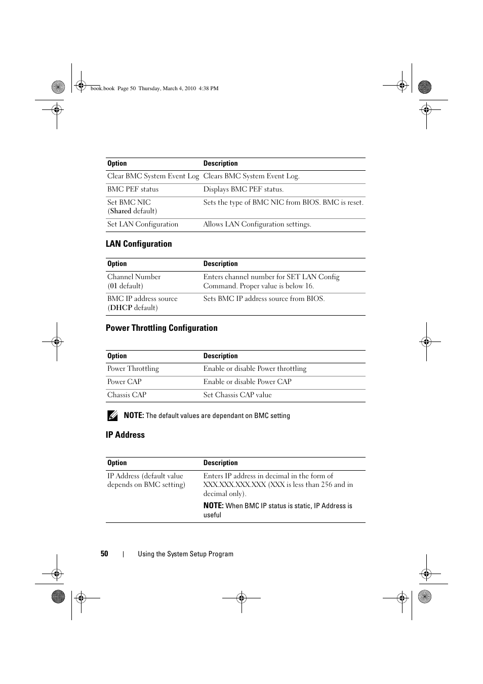 Lan configuration, Power throttling configuration, Ip address | Dell PowerEdge C6100 User Manual | Page 50 / 160