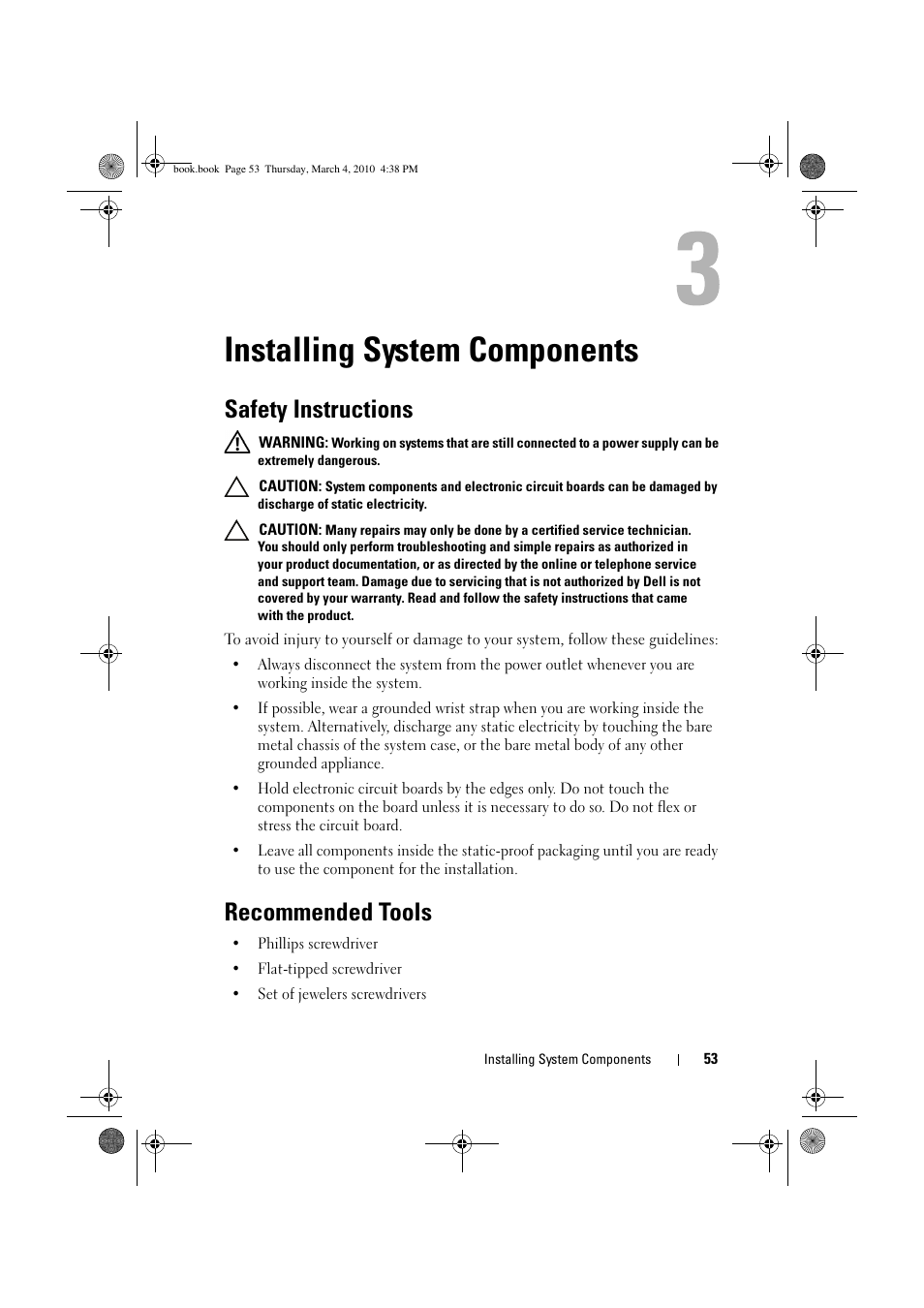 Installing system components, Safety instructions, Recommended tools | Dell PowerEdge C6100 User Manual | Page 53 / 160