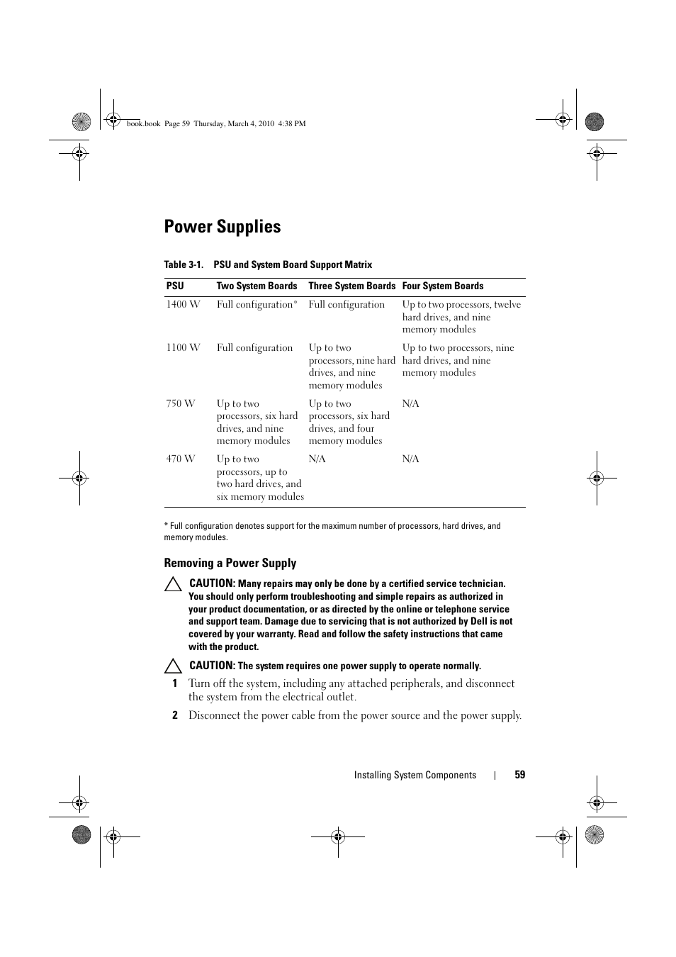 Power supplies, Removing a power supply | Dell PowerEdge C6100 User Manual | Page 59 / 160