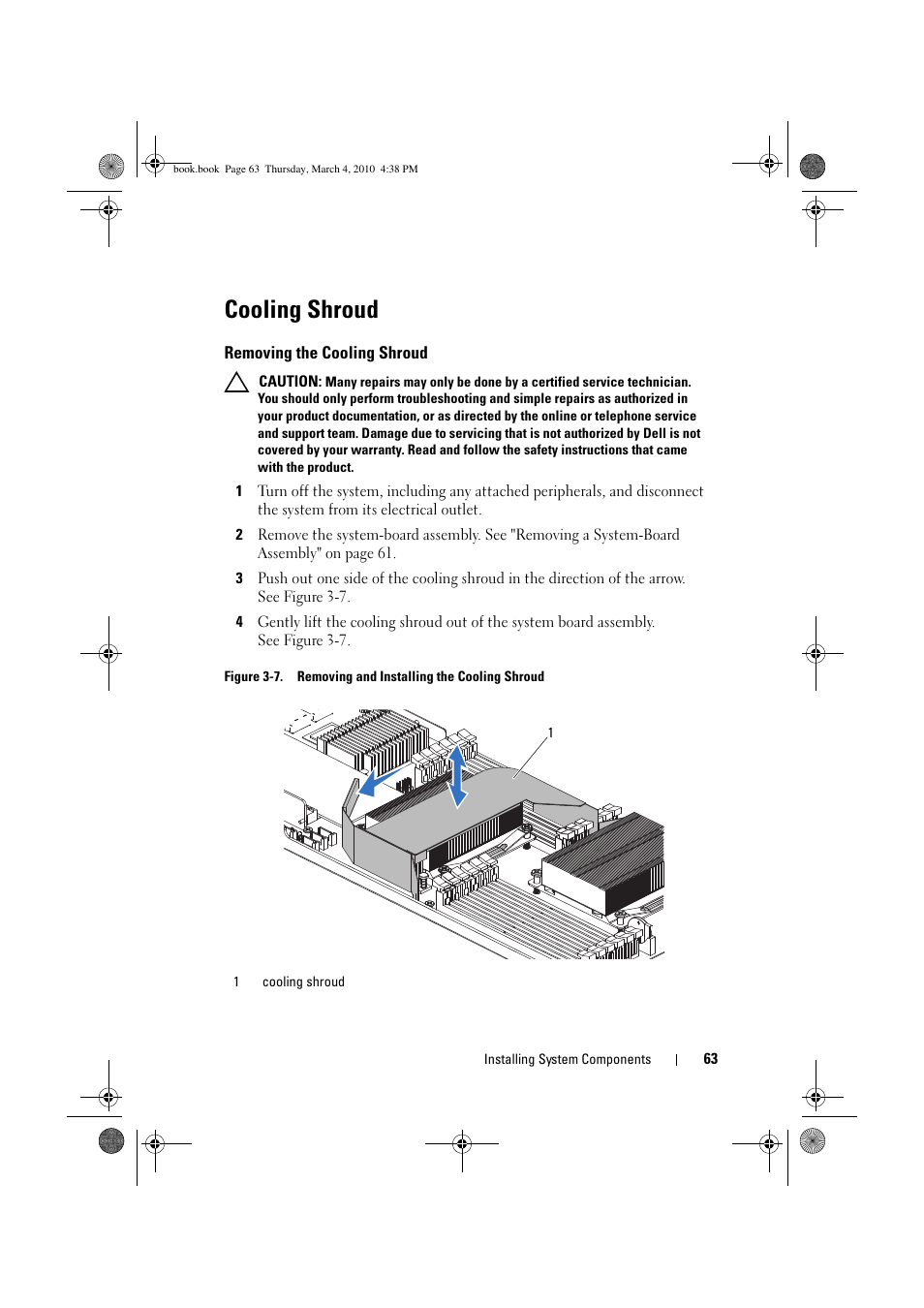 Cooling shroud, Removing the cooling shroud | Dell PowerEdge C6100 User Manual | Page 63 / 160