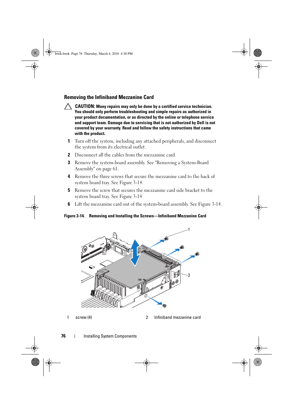 Removing the infiniband mezzanine card | Dell PowerEdge C6100 User Manual | Page 76 / 160