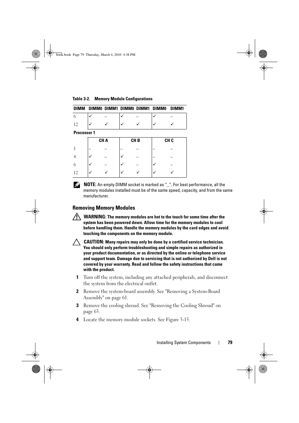 Removing memory modules | Dell PowerEdge C6100 User Manual | Page 79 / 160