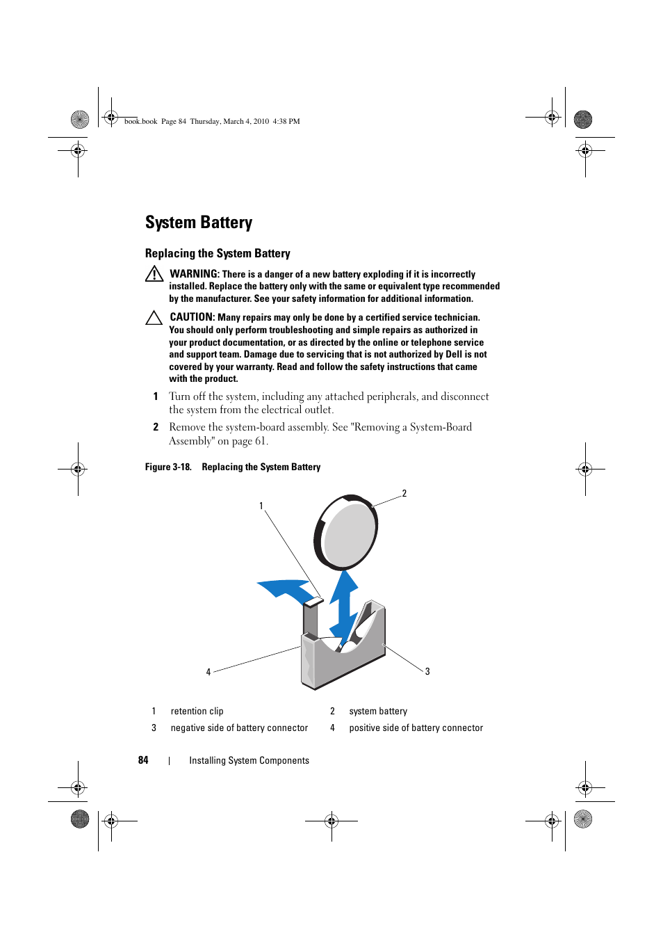 System battery, Replacing the system battery | Dell PowerEdge C6100 User Manual | Page 84 / 160