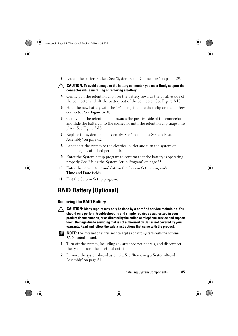 Raid battery (optional), Removing the raid battery | Dell PowerEdge C6100 User Manual | Page 85 / 160