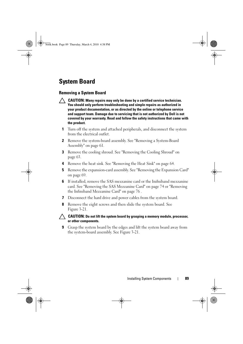 System board, Removing a system board | Dell PowerEdge C6100 User Manual | Page 89 / 160