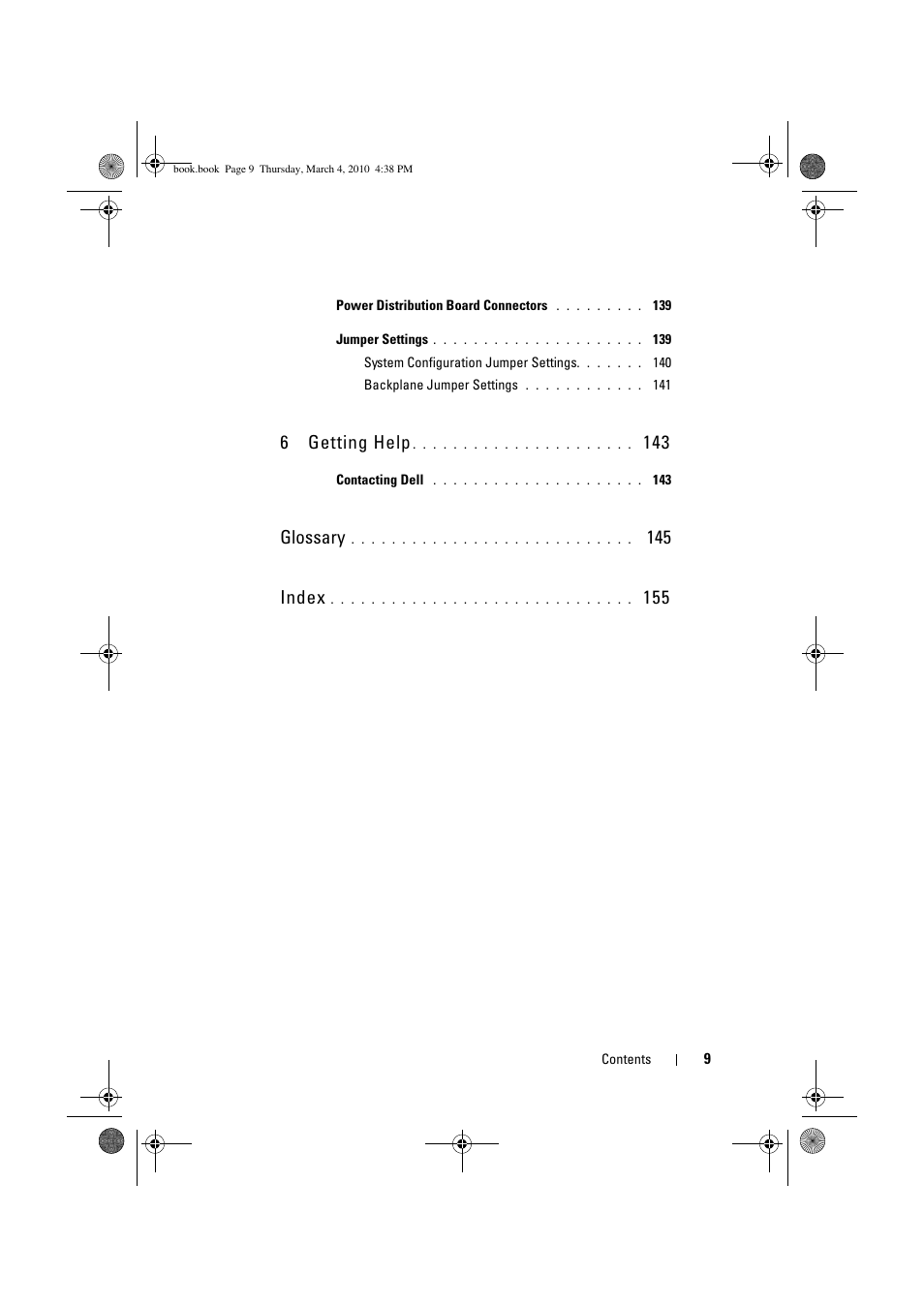 6getting help, Glossary, 145 index | Dell PowerEdge C6100 User Manual | Page 9 / 160