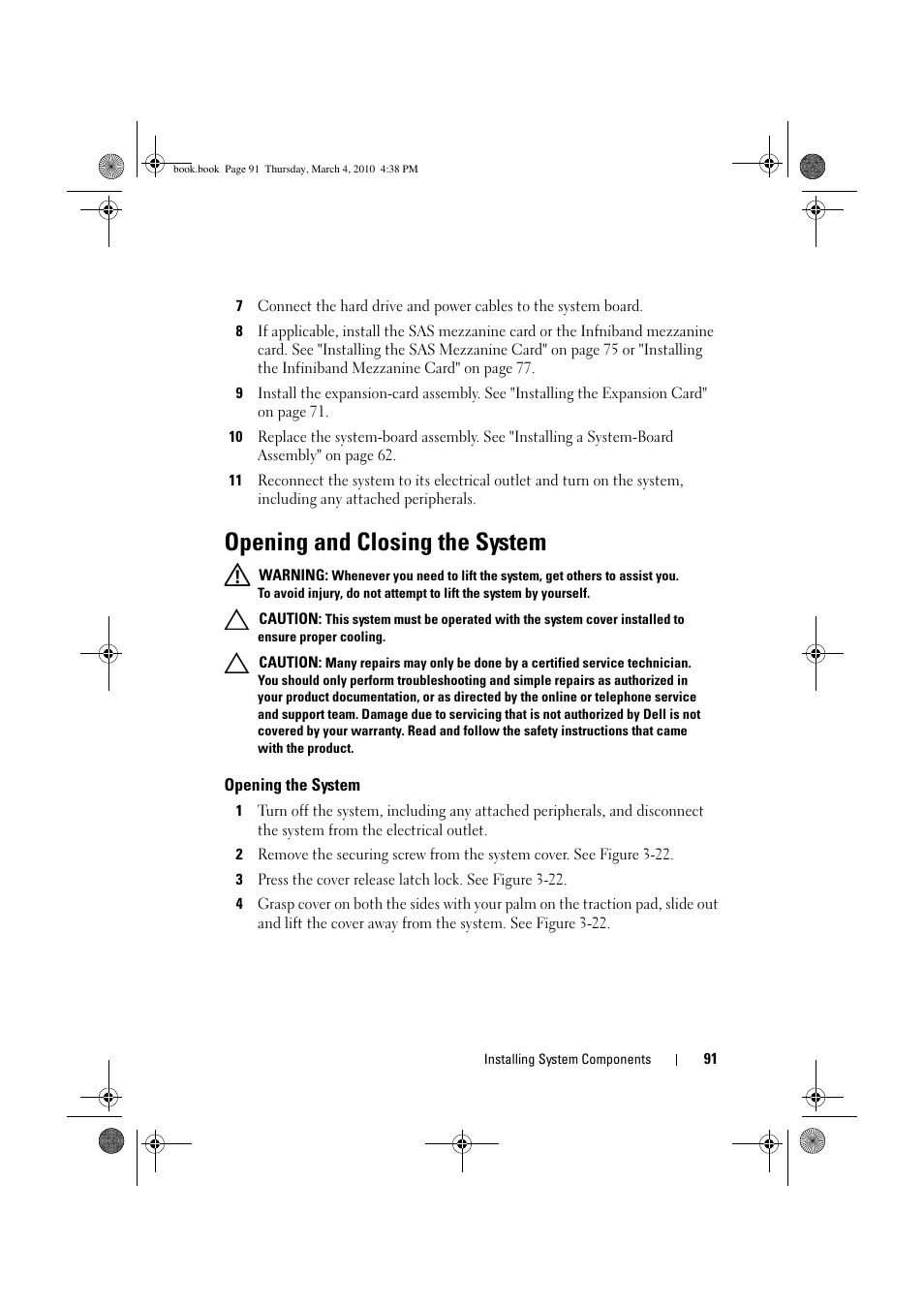 Opening and closing the system, Opening the system | Dell PowerEdge C6100 User Manual | Page 91 / 160