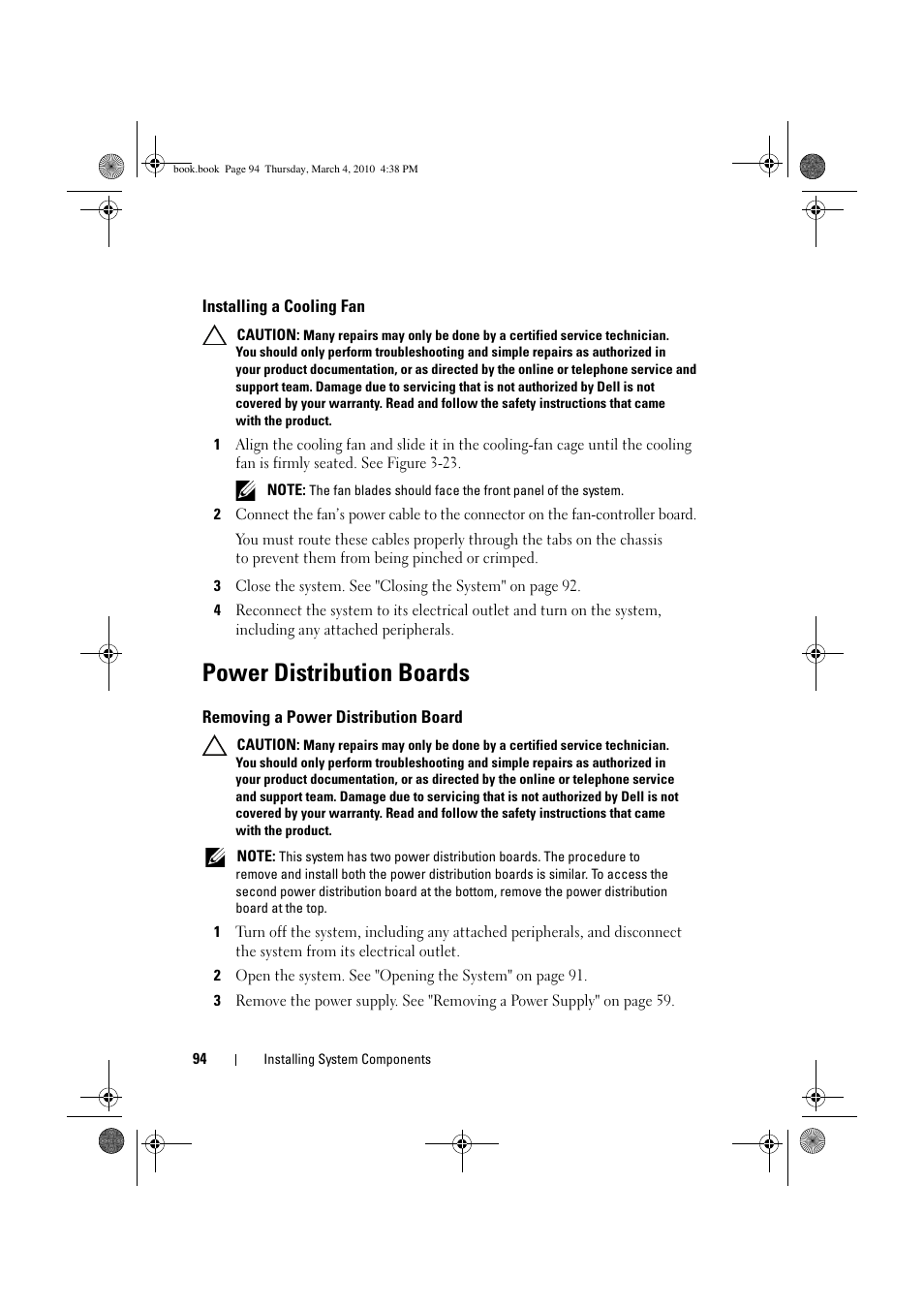 Power distribution boards, Installing a cooling fan, Removing a power distribution board | Dell PowerEdge C6100 User Manual | Page 94 / 160