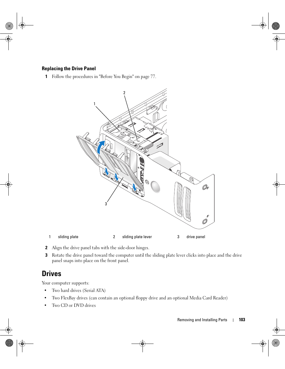 Replacing the drive panel, Drives | Dell Dimension 9200 User Manual | Page 103 / 174
