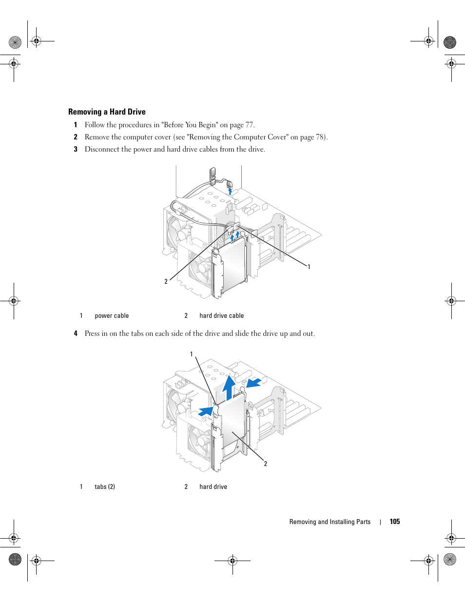 Removing a hard drive | Dell Dimension 9200 User Manual | Page 105 / 174
