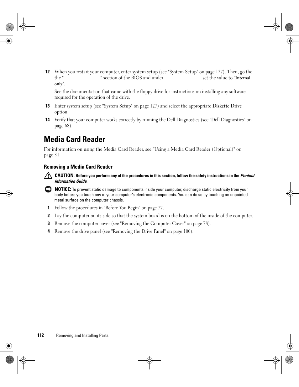 Media card reader, Removing a media card reader | Dell Dimension 9200 User Manual | Page 112 / 174
