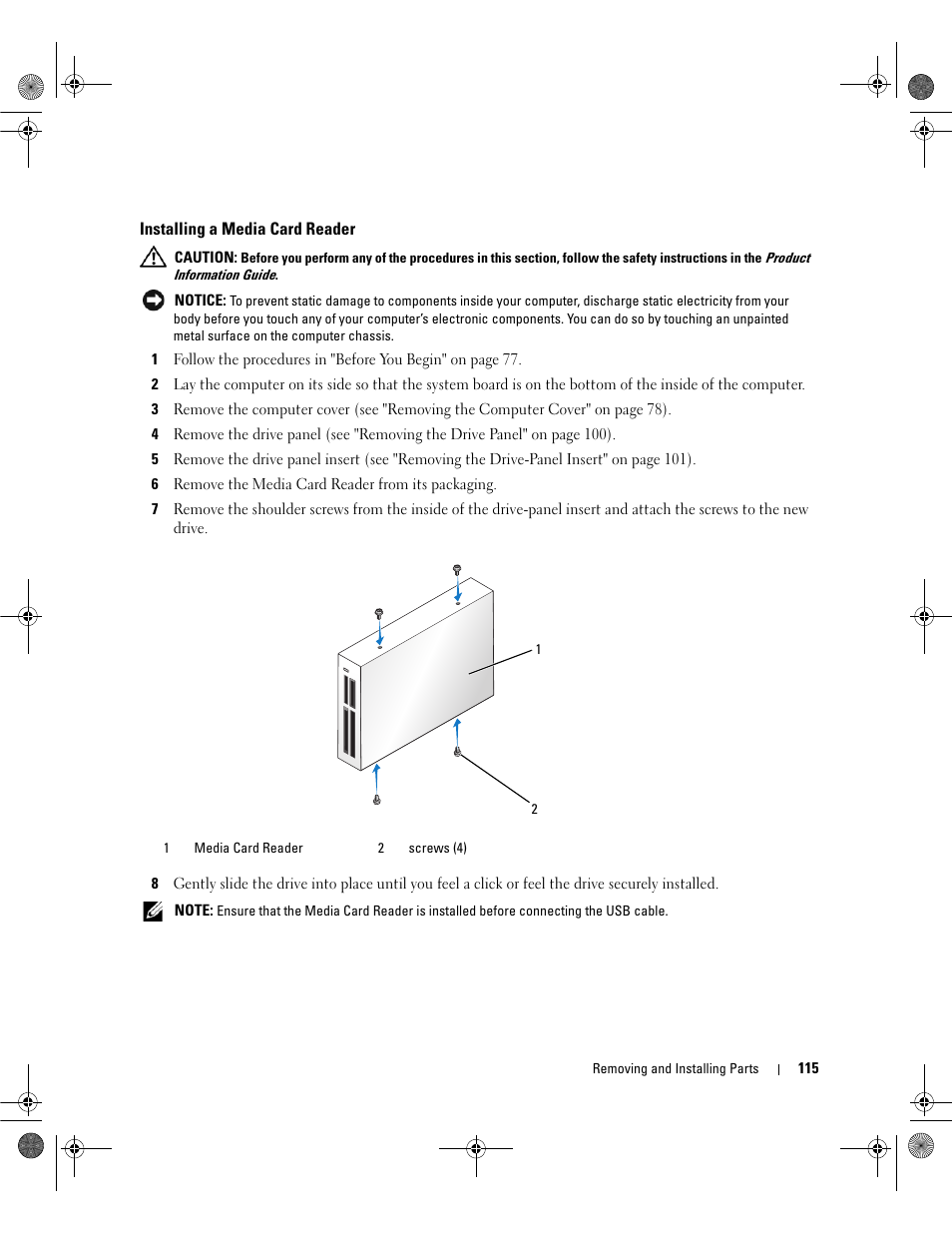 Installing a media card reader | Dell Dimension 9200 User Manual | Page 115 / 174