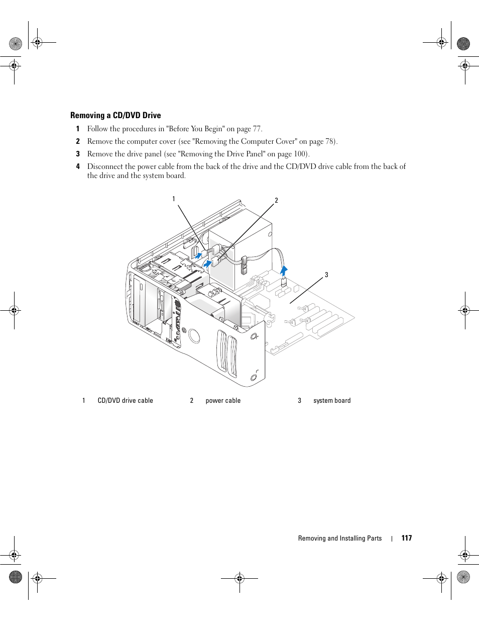 Removing a cd/dvd drive | Dell Dimension 9200 User Manual | Page 117 / 174