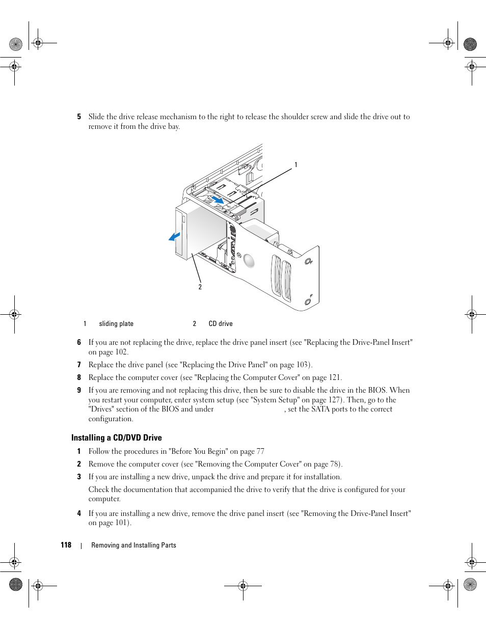 Installing a cd/dvd drive | Dell Dimension 9200 User Manual | Page 118 / 174