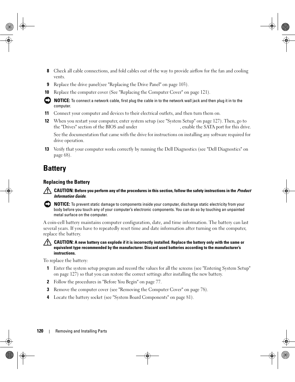 Battery, Replacing the battery | Dell Dimension 9200 User Manual | Page 120 / 174