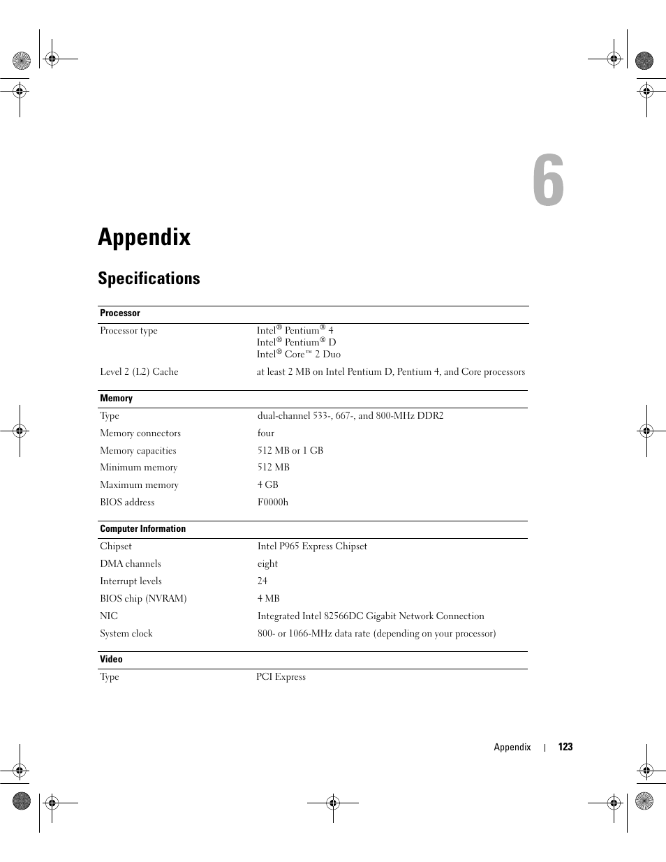 Appendix, Specifications | Dell Dimension 9200 User Manual | Page 123 / 174