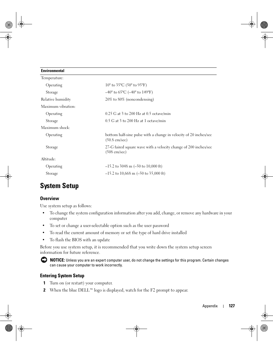 System setup, Overview, Entering system setup | Eens (see "entering system setup | Dell Dimension 9200 User Manual | Page 127 / 174