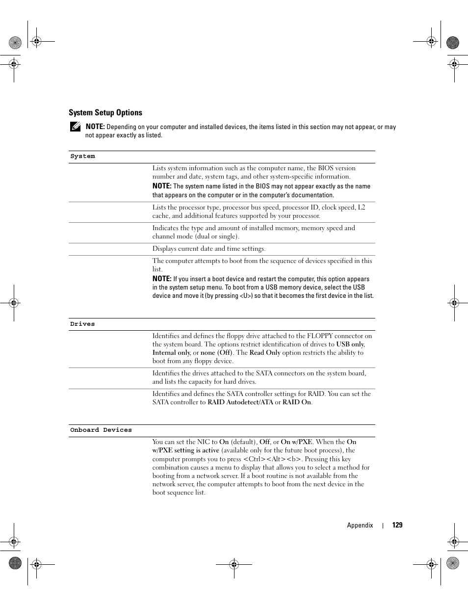 System setup options | Dell Dimension 9200 User Manual | Page 129 / 174