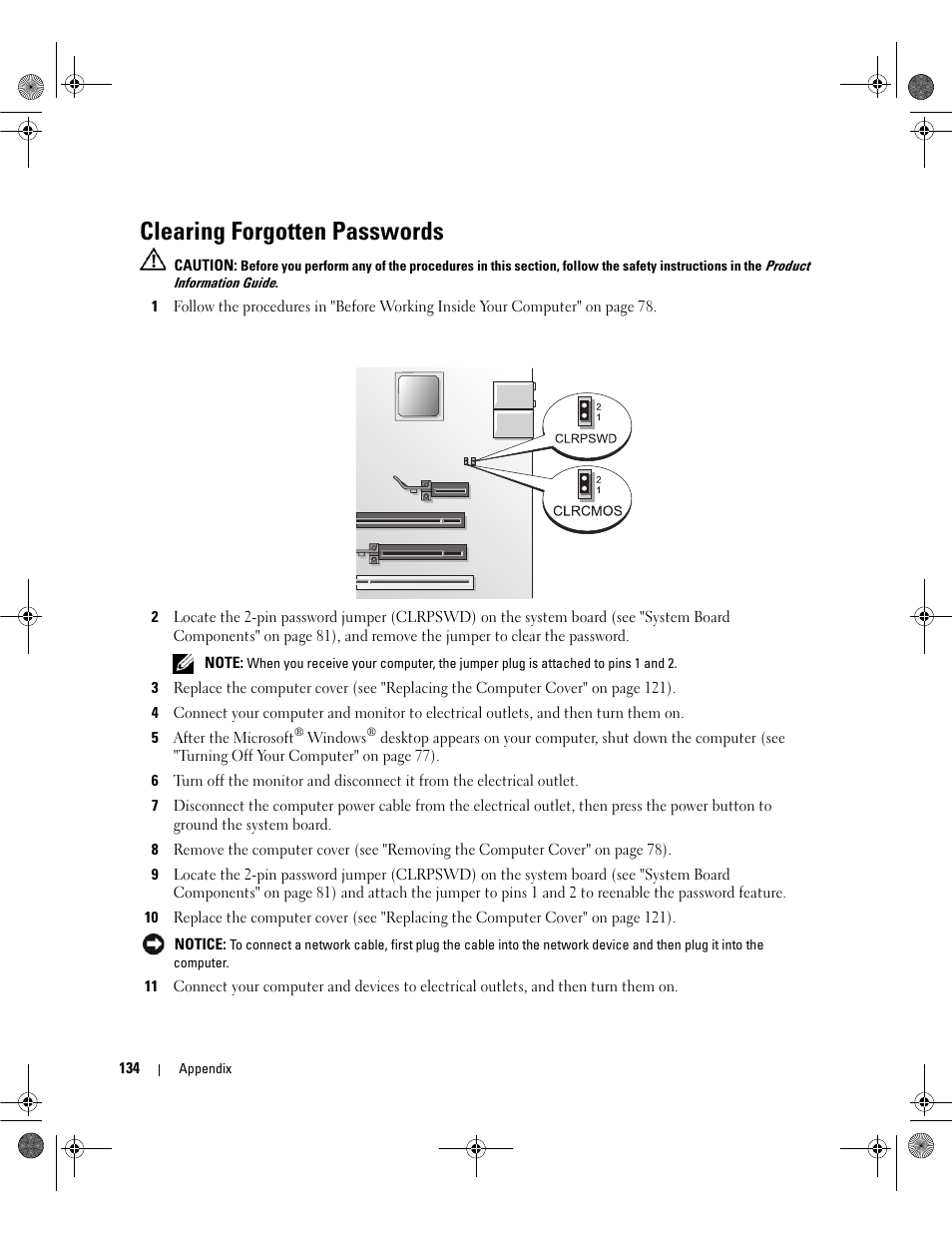 Clearing forgotten passwords | Dell Dimension 9200 User Manual | Page 134 / 174